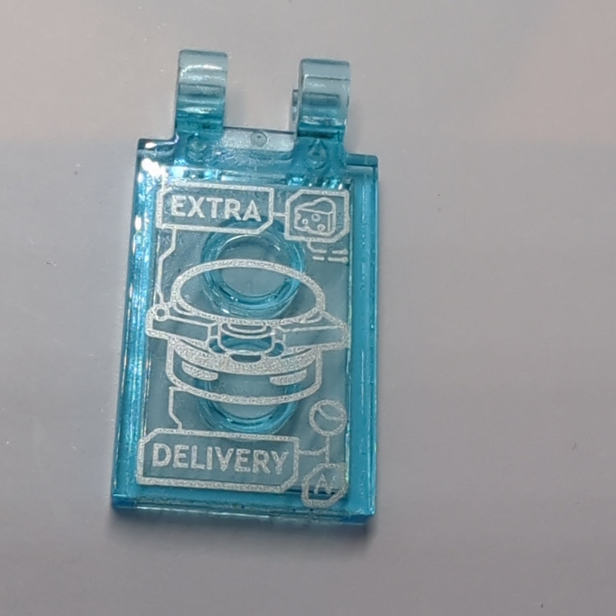2x3 modifizierte Fliese mit 2 O-Clips beklebt with 'ExTRA DELIVERY', Hamburger and Cheese Pattern (Sticker) - Set 76167 transparent hellblau trans light blue