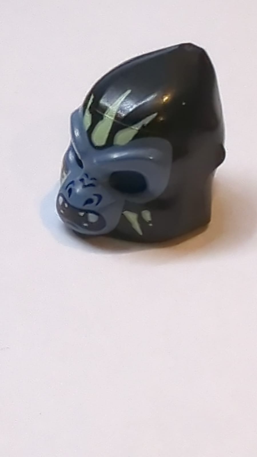 Minifigure, Headgear Mask Gorilla with Sand Blue Face, White Fangs, and Yellowish Green Face Paint, Open Mouth Pattern