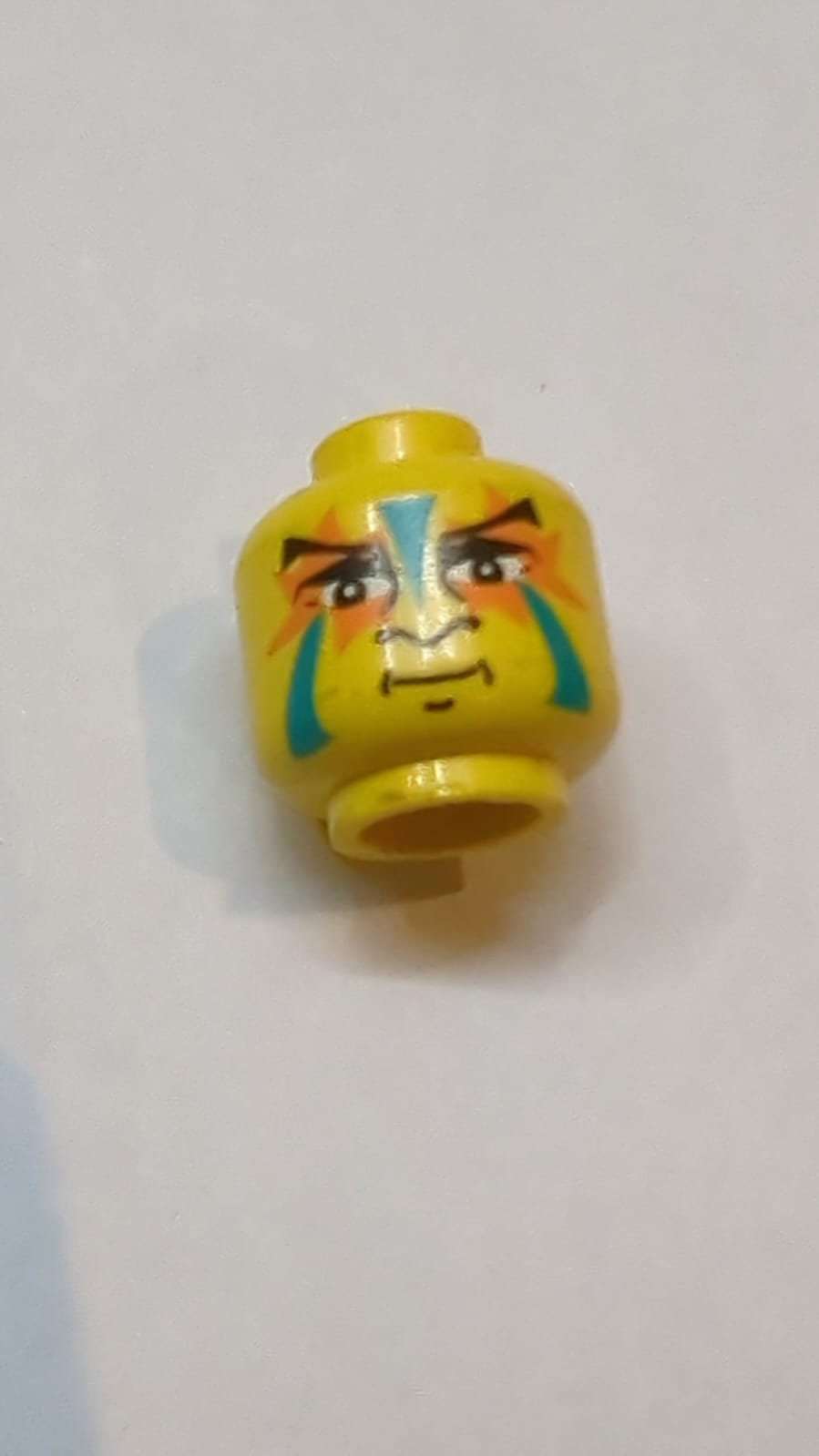 Schwarze, schräg stehende Augenbrauen, Augenlider, Nasenprofil und Kinngrübchen, dunkel-türkise und orangefarbene Gesichtsbemalung, Grin-Muster