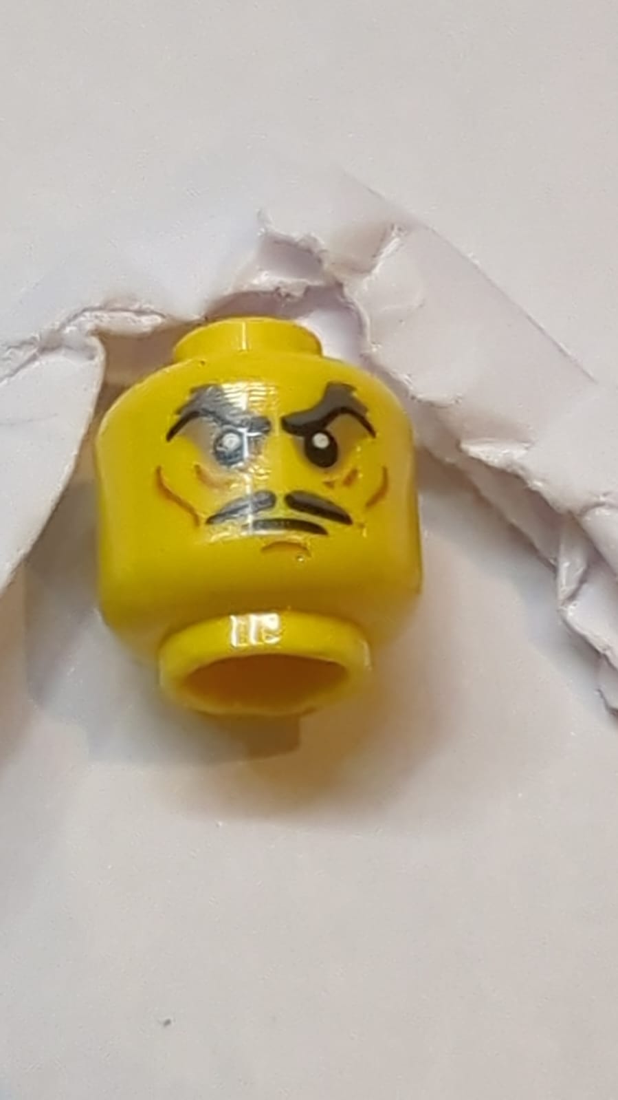 Kopf mit doppelseitigem Schnurrbart-Split, Sternförmige dunkel-bläuliche dicke Augenbrauen, eingefallene Augen, Falten / grüne Augen, wütendes Muster