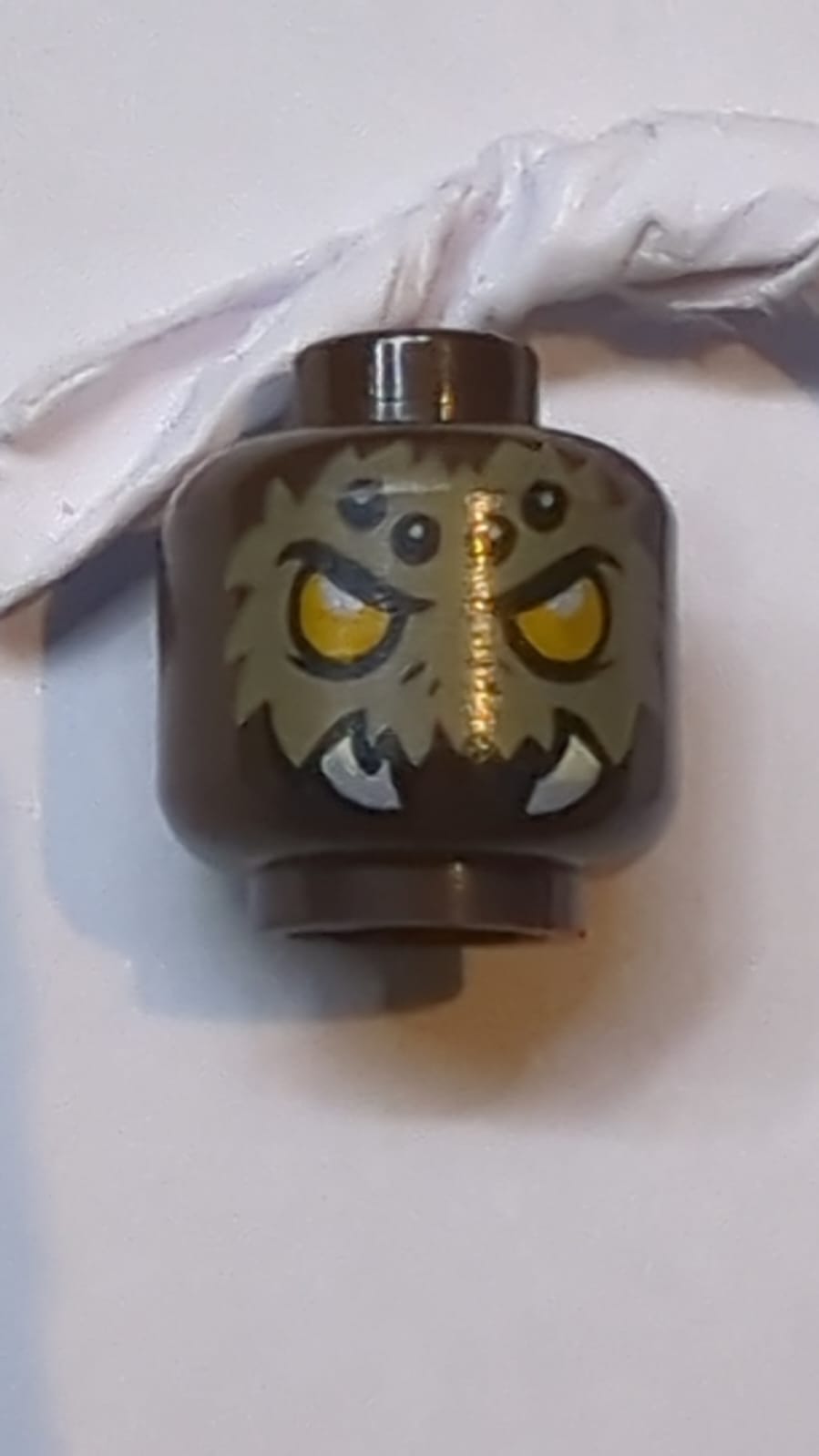 Kopf Außerirdische Chima-Spinne mit hell leuchtend orangefarbenen Augen, dunkelbraunem Fell, schwarz-weißen Flecken auf der Stirn und weißen Fangzähnen