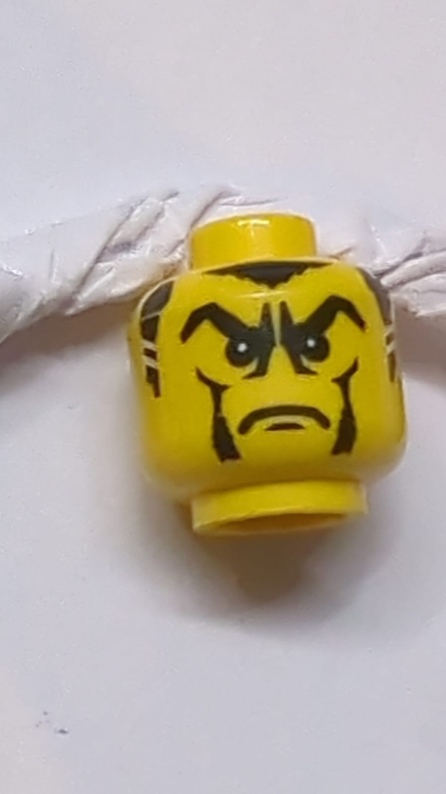 Kopf männliche Koteletten mit weißen Streifen, Stirnrunzeln und Gesichtshaare, weißes Pupillenmuster (Vladek) gelb