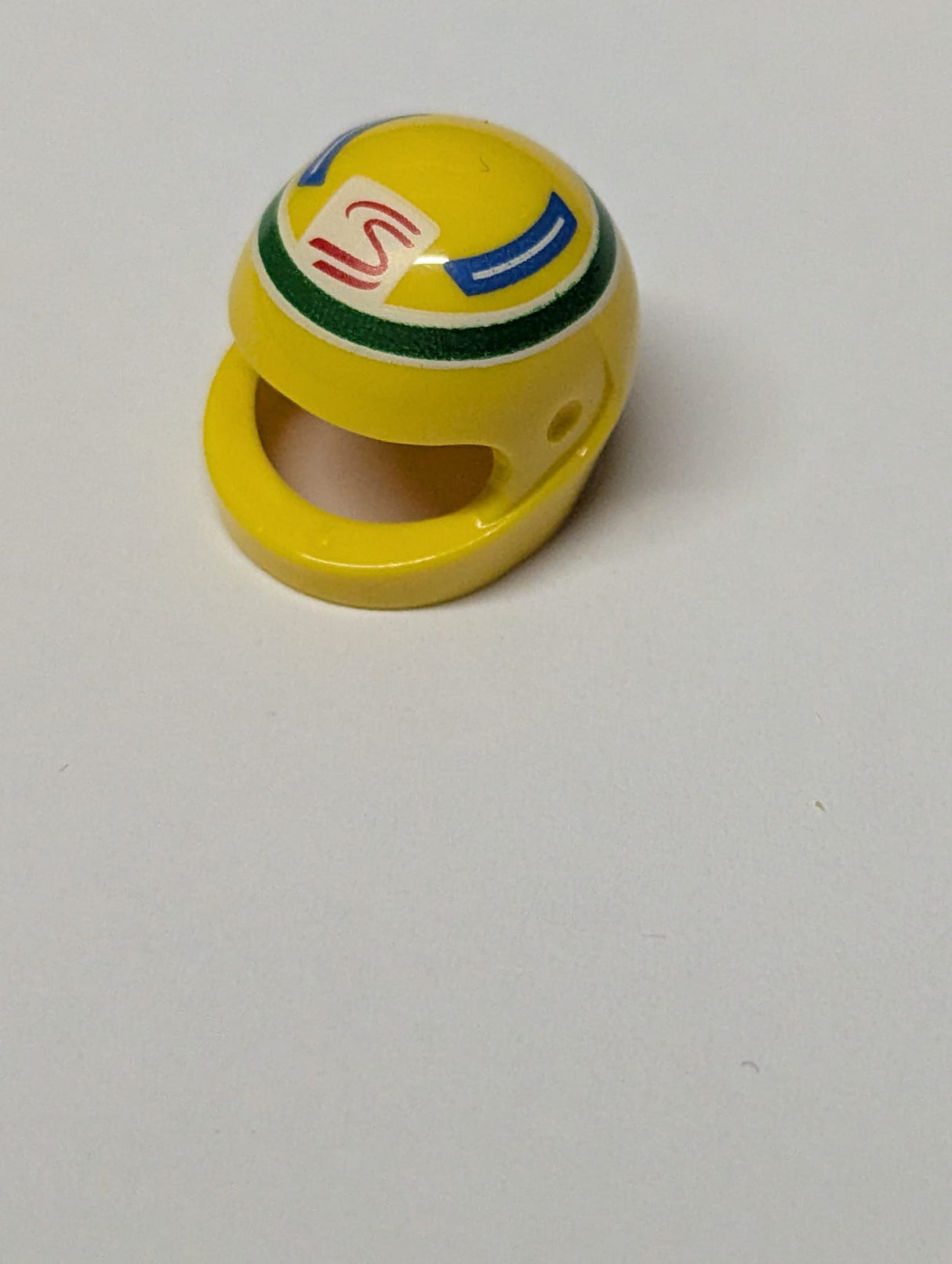 NEU Minifigure, Headgear Helmet Motorcycle (Standard) with Red and White Senna Logo and Blue Panels in Green Circle Pattern gelb yellow