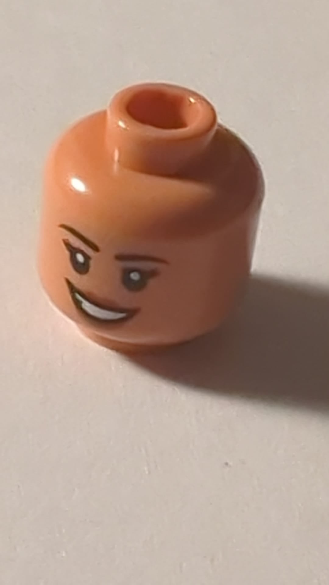 NEU Minifigure, Head Dual Sided Female Black Eyebrows, Dark Orange Lips, Lopsided Grin / Open Mouth Smile Pattern - Hollow Stud
