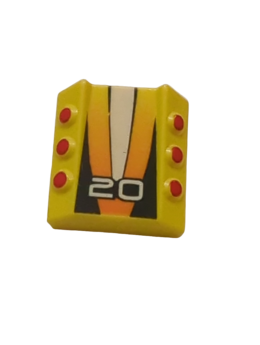 2x2 modifizierter Stein ohne Noppen with 6 Side Pistons Raised bedruckt mit '20' Pattern gelb