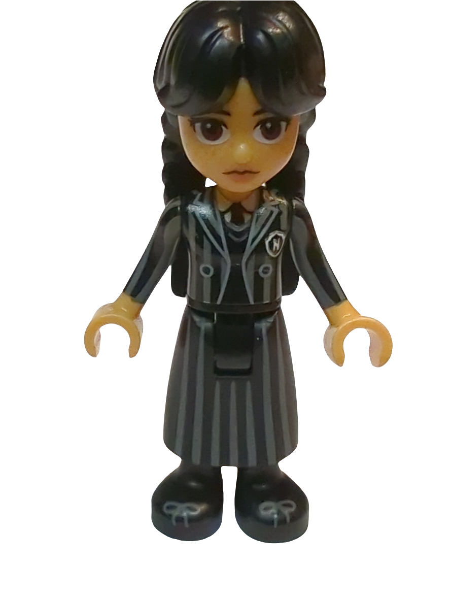 NEU Wednesday Minifigur Wednesday Addams - schwarz gestreifte Schuluniform wed001