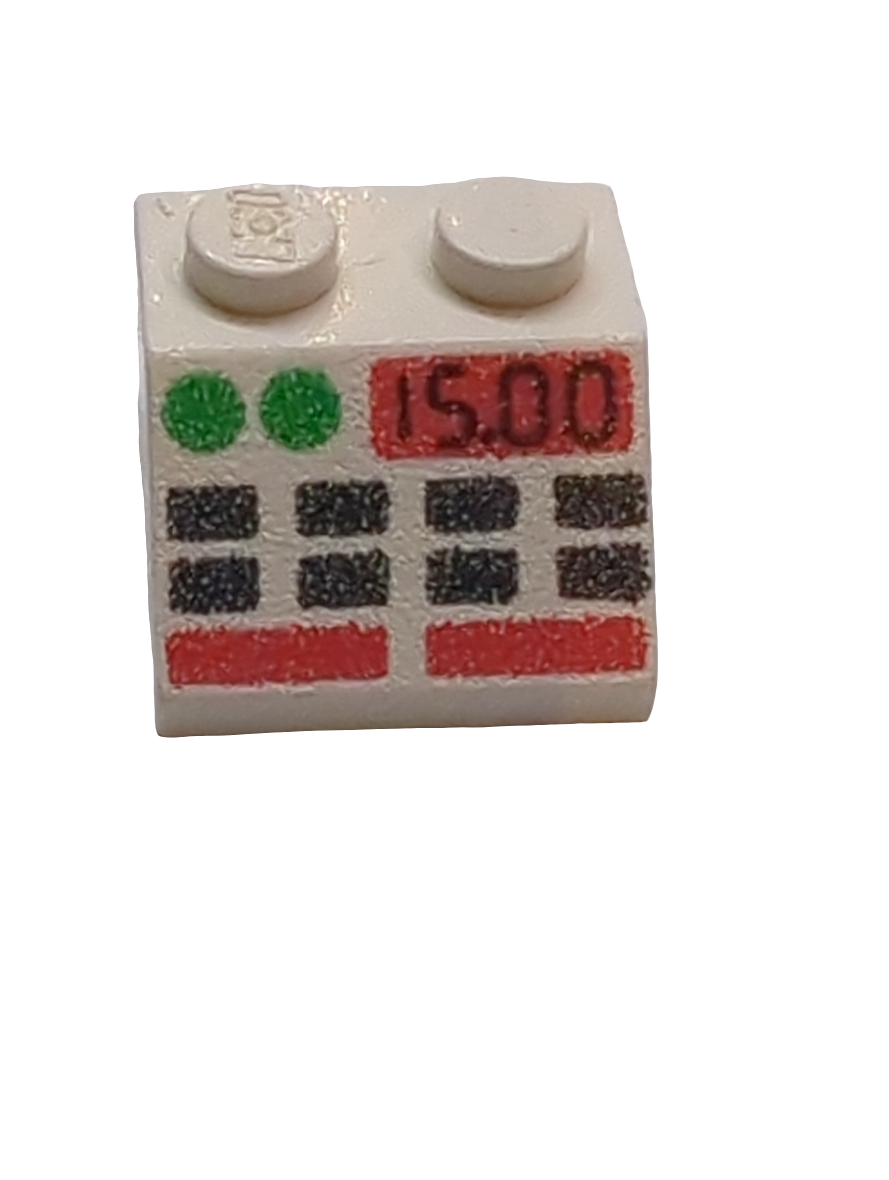 2x2 Dachstein 45° bedruckt mit Black, Green, and Red Buttons and '15.00' Pattern weiß