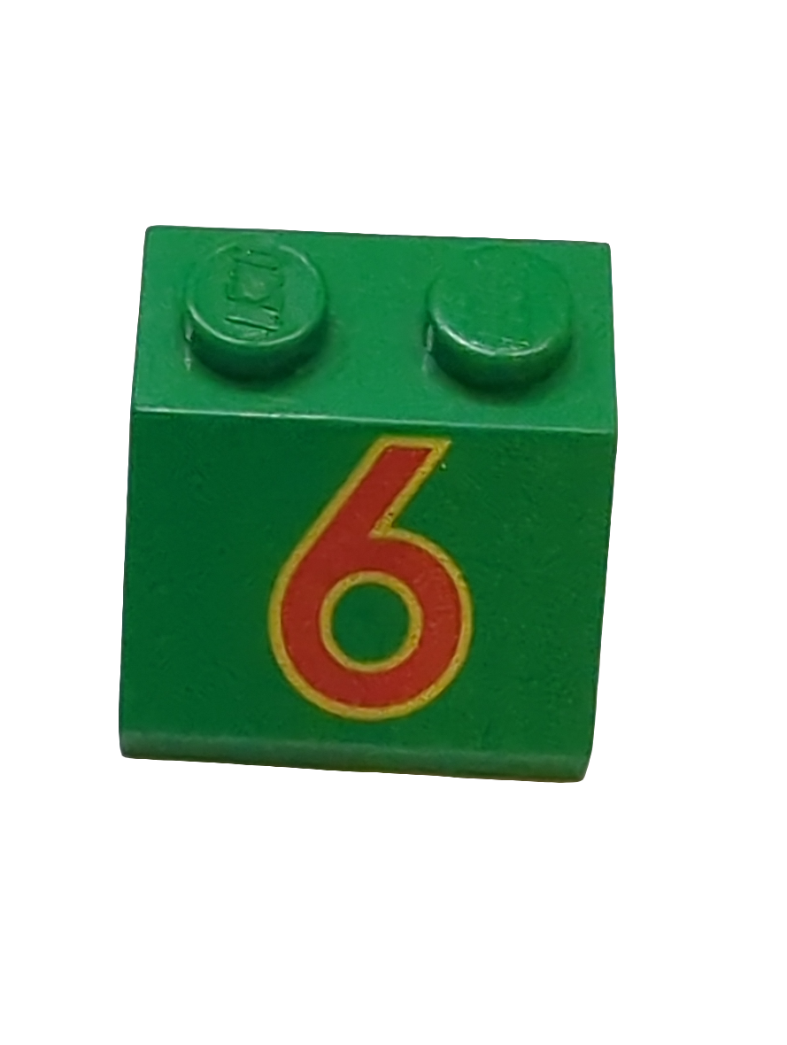 2x2 Dachstein 45° bedruckt with Red Number 6 with Yellow Outline Pattern grün green