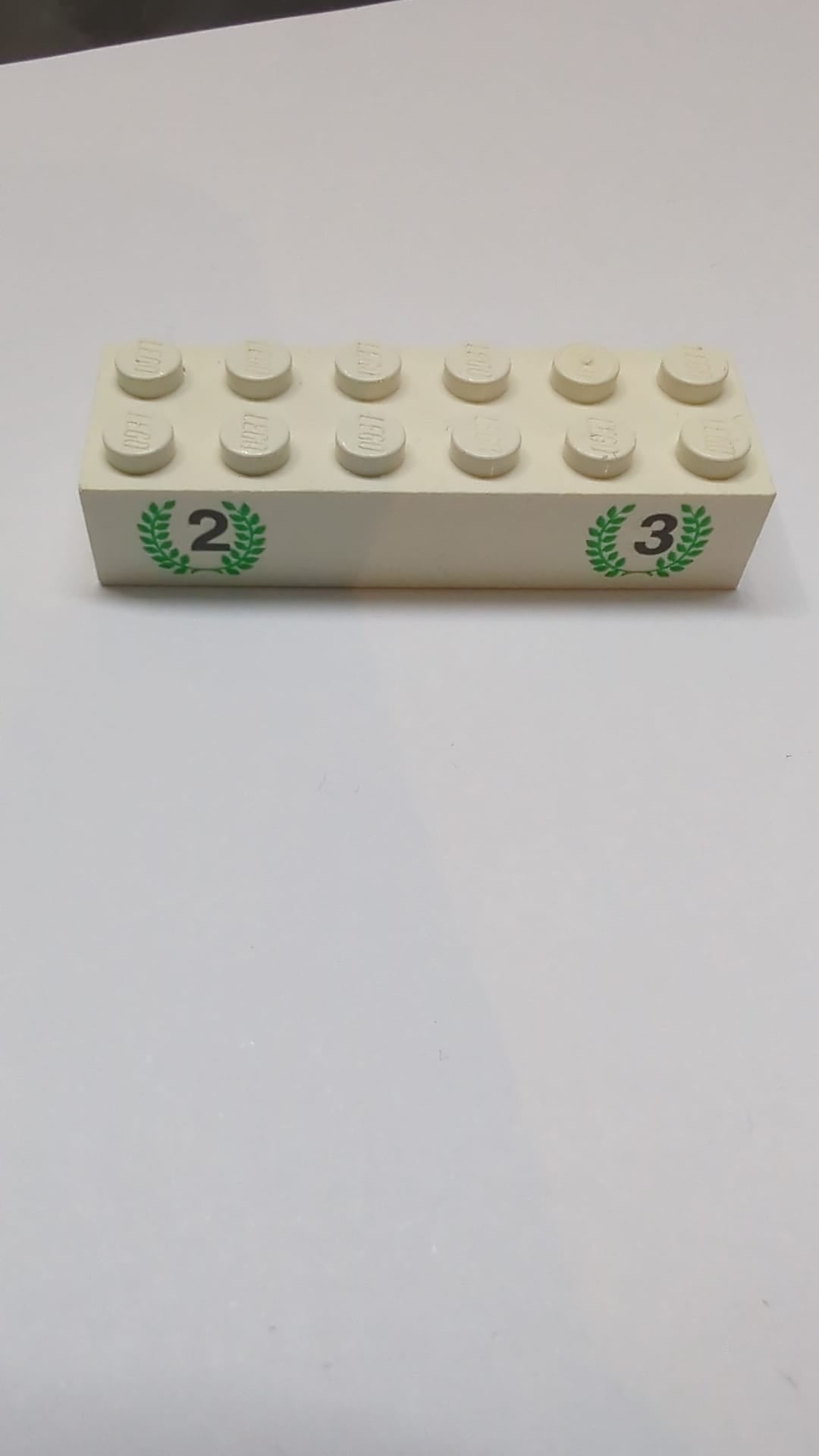 2x6 Ziegelstein mit schwarzen Zahlen 2 und 3, grünem Lorbeermuster weiß