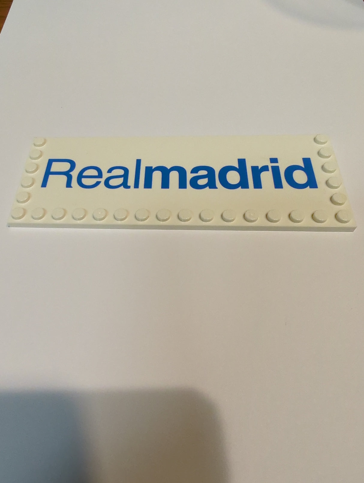 NEU Tile, Modified 6 x 16 with Studs on Edges with Blue 'Realmadrid' Pattern weiss white