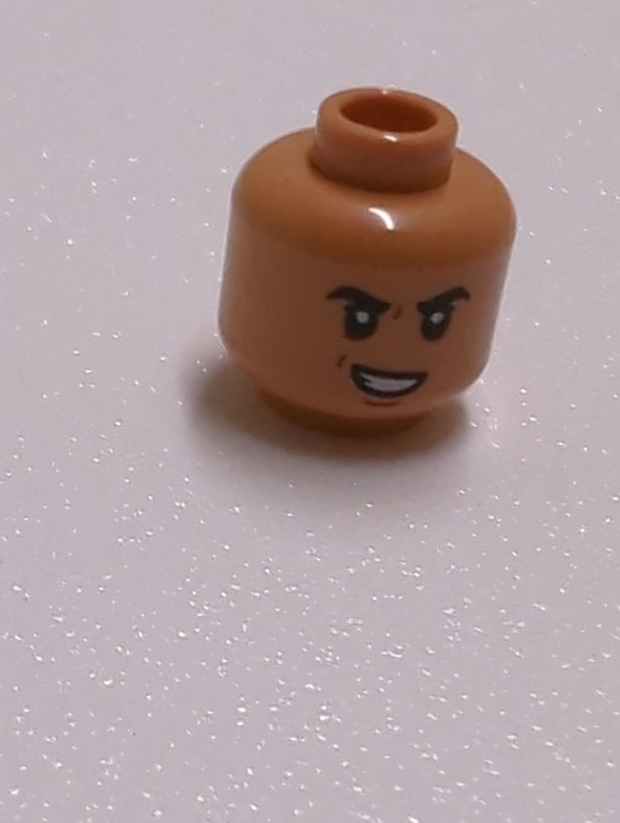 NEU Minifigure, Head Dual Sided Black Eyebrows, Dark Orange Furrows, Evil Smile / Scared Pattern - Hollow Stud