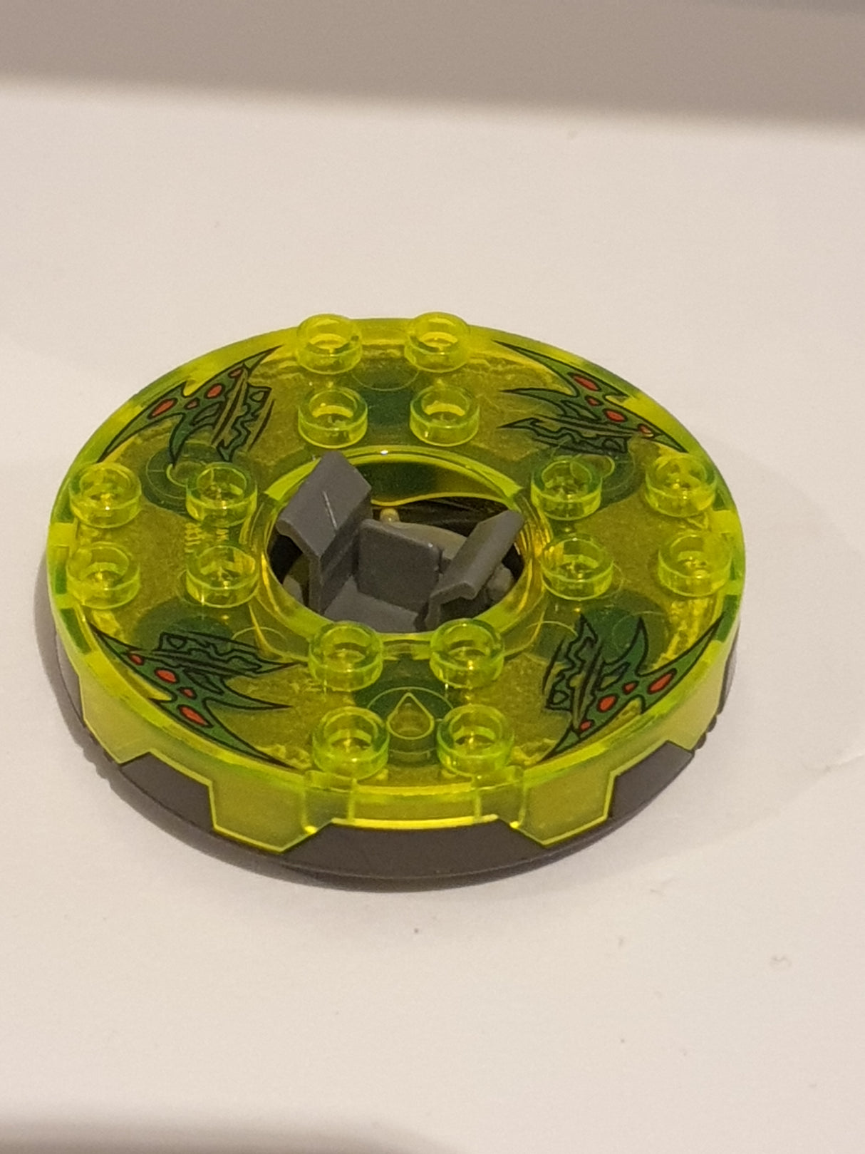 6x6 Ninjago Spinner drehbarer Rundstein bedruckt Top: transparent neongelb, pearl dark gray titan