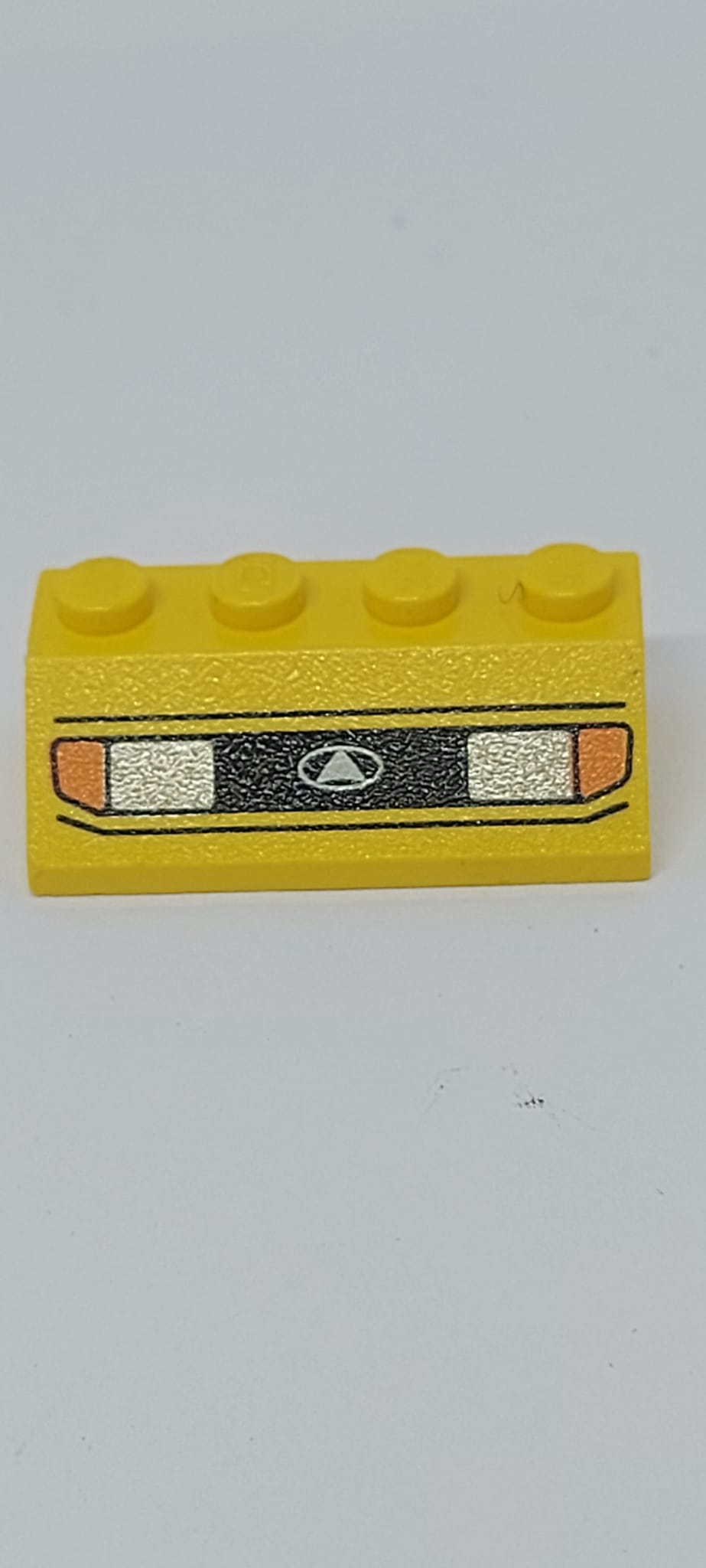 2x4 Dachstein 45° bedruckt with Two Silver Headlights, Orange Signal Lights, and Black Lines Pattern gelb