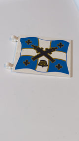 6x5 Flagge mit gekreuzten schwarzen Kanonen und Krone über einem blau-weißen Kreuz mit gelben Umrissen auf beiden Seiten weiß