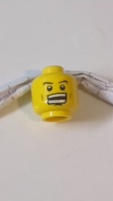 Minifigur, doppelseitiger Kopf, Power Miner, dünne Augenbrauen, Wangenfalten, entschlossenes/offenes Grinsen mit Zahnmuster gelb