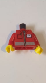 Torso-Jacke mit silbernem Reflexstreifen und Reißverschluss, Stift in der Tasche und weißem Briefumschlagmuster / rote Ärmel / gelbe Hände rot