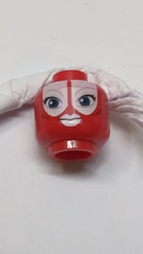 Minifigur, Kopf: Alien SW Togruta mit hellblaugrauen Augenbrauen, schwarzen Wimpern und Wangenfalten, großen dunkelblauen Augen, weißen Lippen und Gesichtsbemalung, Grinsen rot