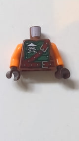 Ninjago-Rüstung (grün) mit Gürteln, Ninja-Schädelmuster mit gekreuzten Schwertern und Scheiden / orange Arme / dunkelbraune Hände neubraun