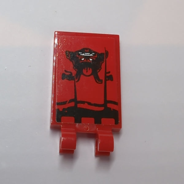 2x3 modifizierte Fliese mit 2 O-Clips beklebt with Draped Flag and Ninjago Oni Mask Face Pattern (Sticker) - Sets 70639 / 70642 rot red