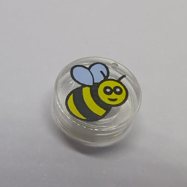 NEU Tile, Round 1x1 with Black and Yellow Bee Pattern transparent weiss trans white