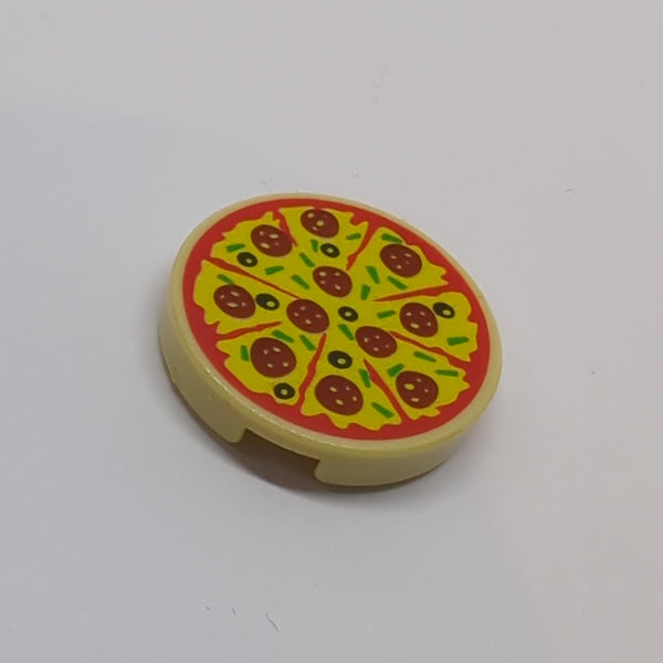 NEU Tile, Round 2x2 with Bottom Stud Holder with Sliced Pizza with Red Tomato Sauce, Yellow Cheese, Dark Red Pepperoni, Black Olives, and Green Bell Peppers Pattern beige tan