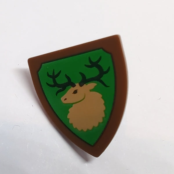 NEU Minifigure, Shield Triangular with Forestmen Elk / Deer Head on Green Background with Black Outline Pattern neubraun reddish brown