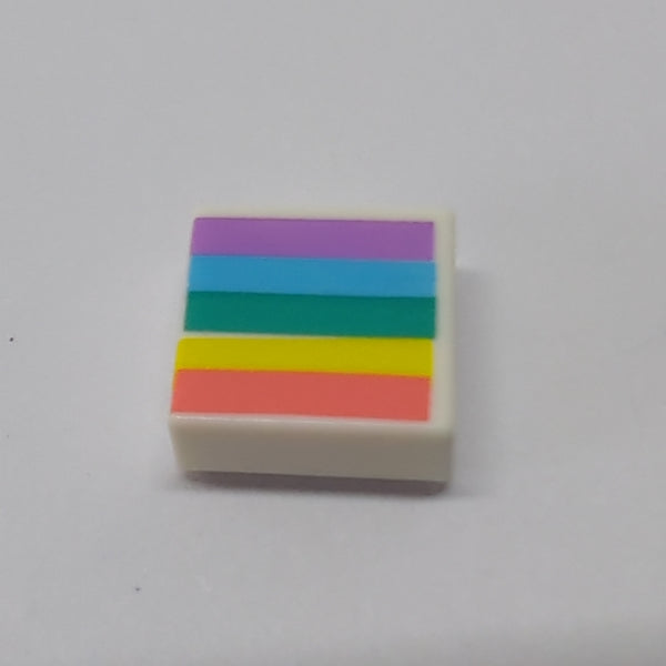 NEU Tile 1 x 1 with Groove with Coral, Yellow, Dark Turquoise, Medium Azure, and Medium Lavender Rainbow Stripes Pattern weiss white