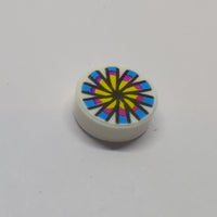 NEU Tile, Round 1 x 1 with Yellow, Magenta and Dark Azure Flower and Chinese Pellet Drum Pattern weiss white