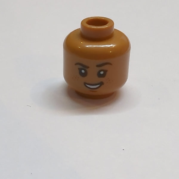NEU Minifigure, Head Dual Sided, Black Eyebrows and Eyes with White Pupils, Smirk with Open Mouth Smile, Reddish Brown Freckles / Sad Pattern - Hollow Stud nougat medium nougat