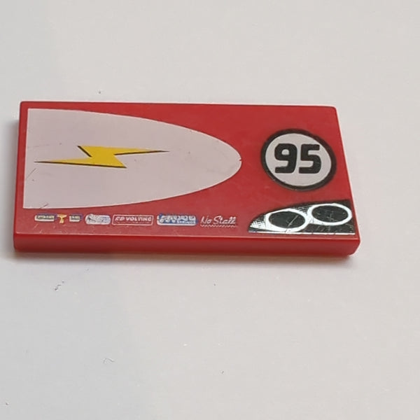 2x4 Fliese bedruckt with Lightning Bolt in Half Ellipse and '95' Pattern Model Left Side rot red