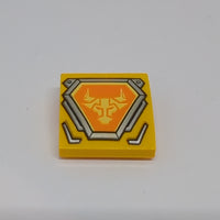 2x2 Halbbogenstein flach keine Noppen mit leuchtend hellgelbem Stierkopf auf orangefarbenem sechseckigem Schild mit silbernem Randmuster bedruckt hellorange bright light orange