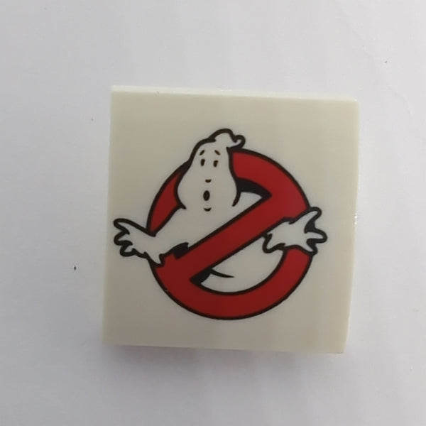2x2 Halbbogenstein flach keine Noppen mit Logo der Ghostbusters bedruckt weiss white