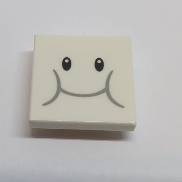 2x2 modifizierte Fliese Noppen unten Invers bedruckt mit schwarzen Augen, hellblaugrauem Lächeln und Wangenmuster (Super Mario Lakitu Wolkengesicht) weiss white