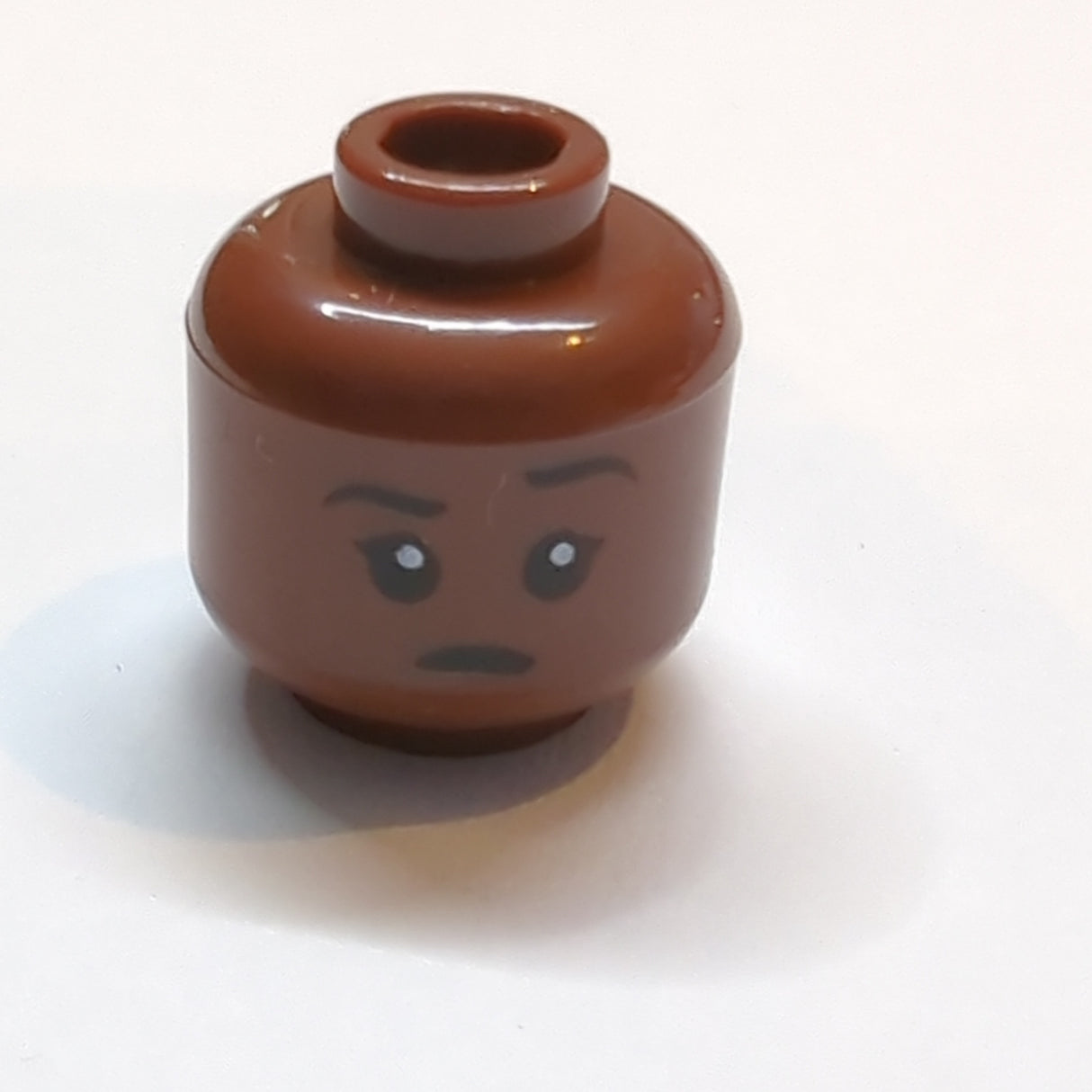 NEU Minifigure, Head Dual Sided, Black Eyebrows and Eyes with White Pupils, Smirk / Eyebrow Raised, Sad Pattern - Hollow Stud neubraun reddish brown