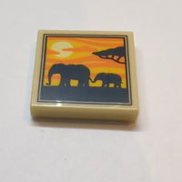 2x2 Fliese bedruckt mit 2 Elephants, Tree and Sunset Pattern beige tan