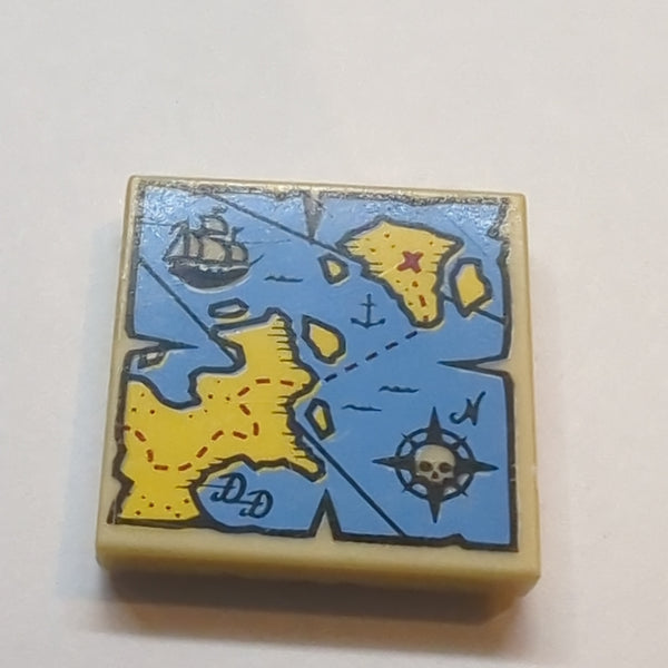 2x2 Fliese bedruckt mit Map Blue Water, Yellow Land, Black Pirate Ship, Compass Rose, White Skeleton Head and Red 'X' Pattern beige tan