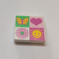 2x2 Fliese bedruckt mit 4 section Heart, Sun, Flower, Butterfly Pattern weiss white