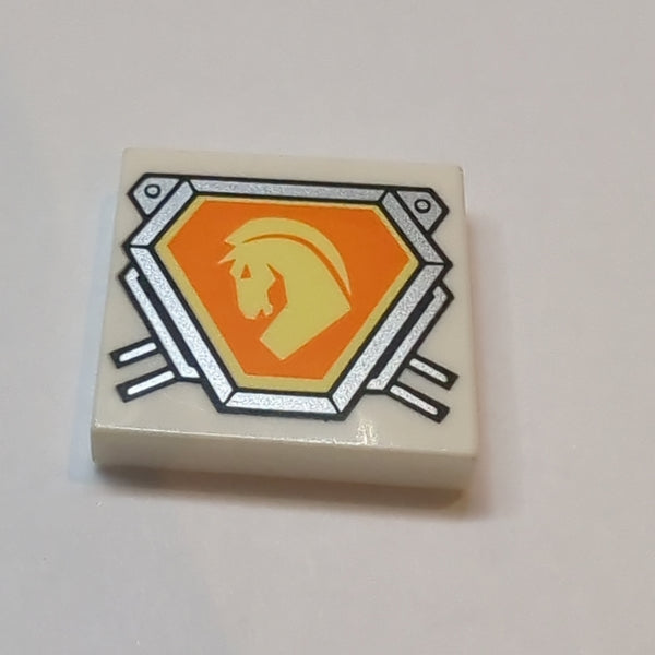 2x2 Fliese bedruckt mit Bright Light Yellow Horse Head on Orange Hexagonal Shield with Silver Border Pattern weiss white