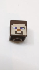 Minifigur, Kopf, Modifizierter Würfel mit pixeligem hellen Nougat-Gesicht, dunkelvioletten Augen, dunkeloranger Nase und Lächelnmuster "Minecraft Steve" dunkelbraun