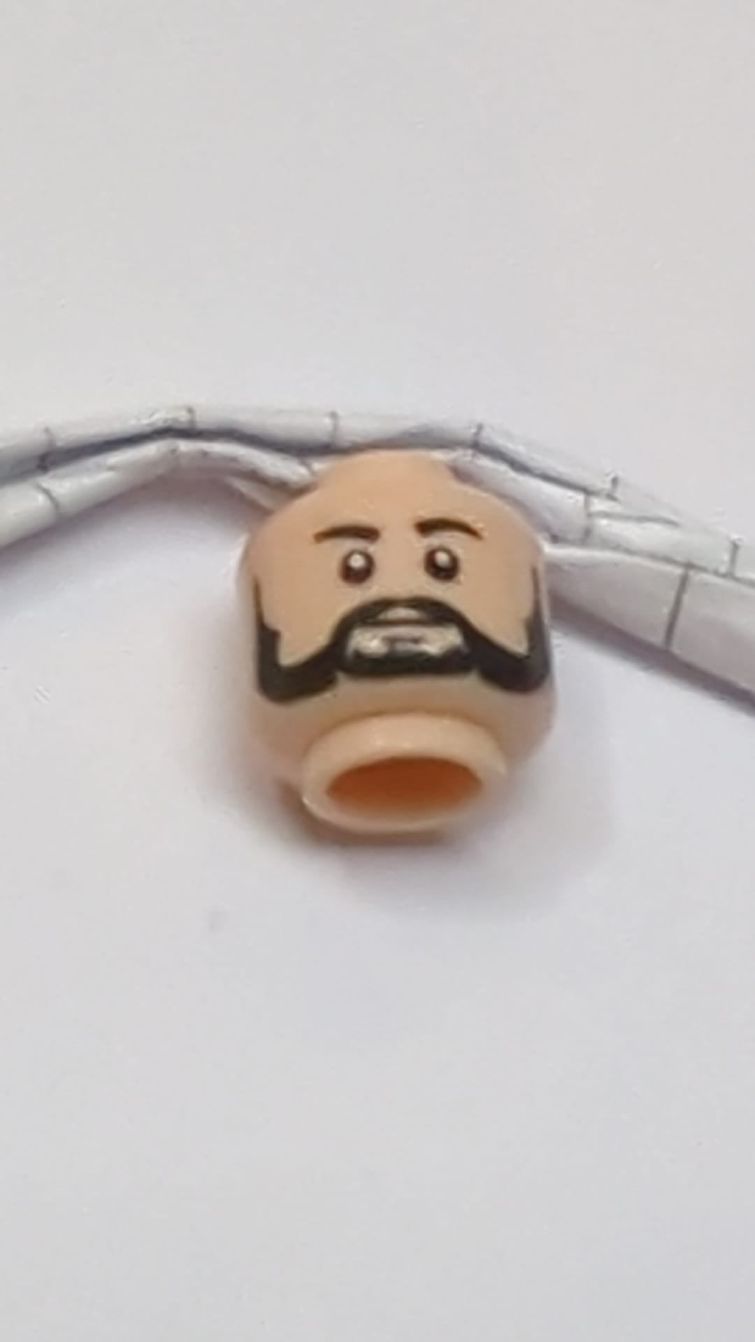 Minifigur, Kopf, Vollbart schwarz, schwarze Augenbrauen, weiße Pupillenmuster hellnougat (fleischfarben)