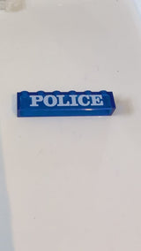 1x6 Stein ohne Bodenrohre mit weißem „POLICE“-Serifenmuster transparent dunkelblau