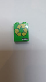 1x2x2 Stein mit innenliegender Noppenhalterung, gelben Recycling-Pfeilen und silbernem Türgriffmuster mediumgrün grasgrün