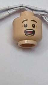 Minifigur, Kopf: Schwarze Augenbrauen, große Augen, offener Mund, Zähne und Zunge, überraschtes Gesichtsausdruck hellnougat (fleischfarben)