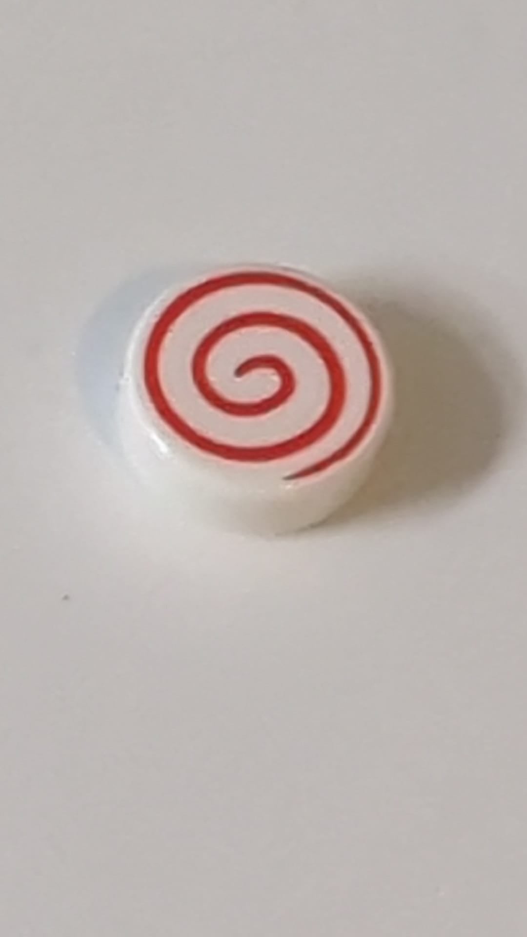 1x1 Fliese rund mit rotem, dünnem Spiralmuster weiß