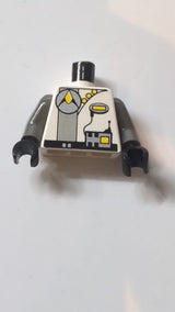 Torso Space Exploriens Silbernes Kreislogo und Funkgerät, hellgrauer Streifen, gelbe Knöpfe, schwarzes Gürtelmuster / dunkelgraue Arme / schwarze Hände weiß