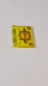 Minifigur, Utensilienbuch-Einband mit goldenem Kreis mit Stacheln, Fragezeichen, hellorangefarbenen Highlights Muster "Nexo Knights Buch der Täuschung" transparent gelb