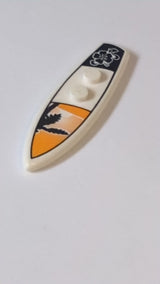 Minifigur, Utensil Surfboard Standard mit schwarzer Palme auf orangefarbenem Sonnenuntergangshintergrund und schwarzem Blumenmuster weiß
