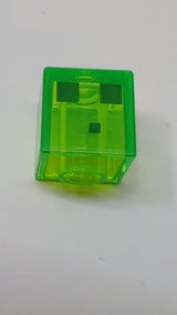 Minifigur, Kopf, modifizierter Würfel mit pixeligen dunkelgrünen Augen und Mundmuster „Minecraft-Schleim“ transparent knallgrün neon-grün
