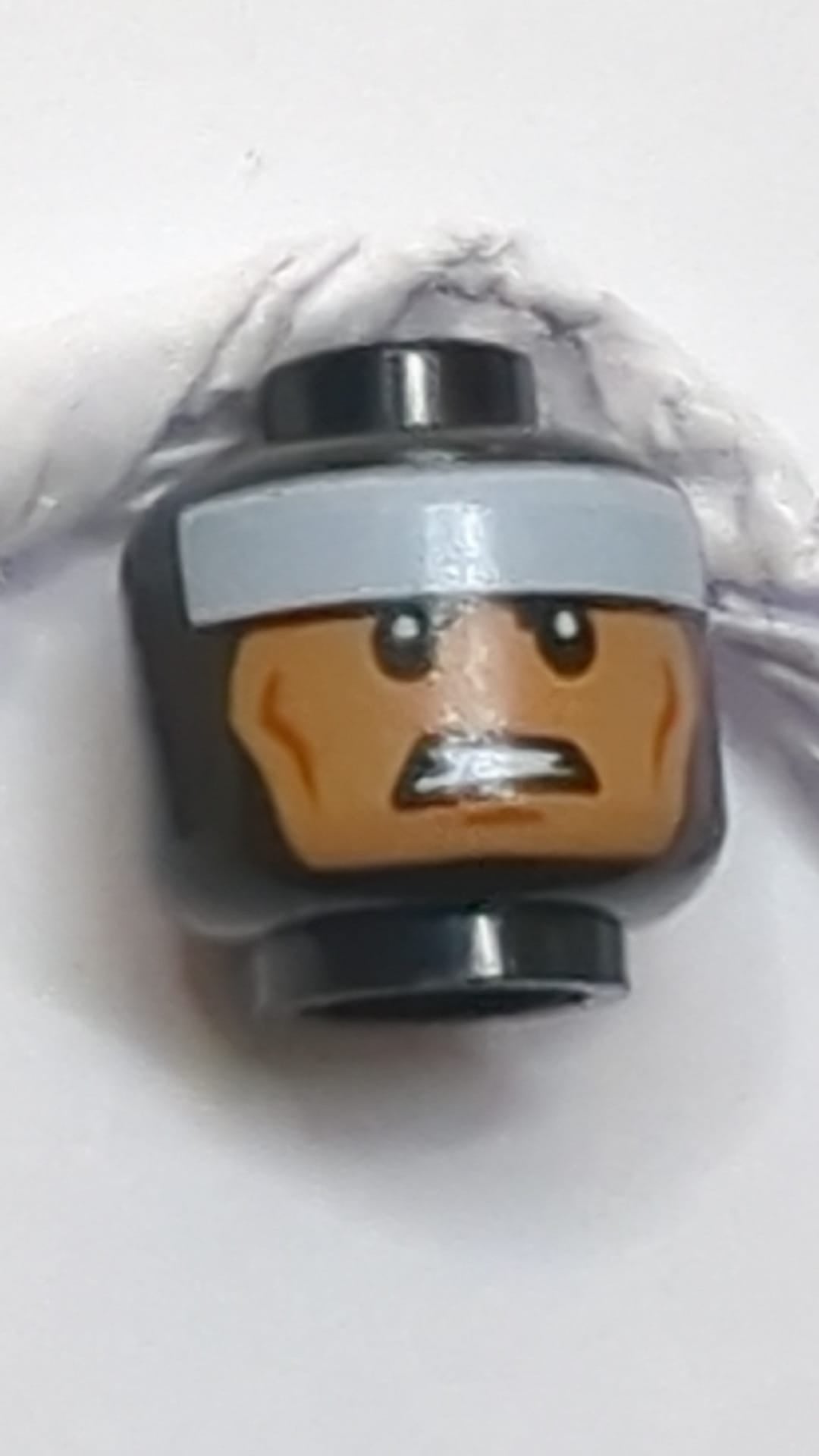 Minifigur, Kopf mit doppelseitiger Sturmhaube, weißem Stirnband, Wangenfalten, finsterem Blick / zusammengebissenen Zähnen Muster "Batman" schwarz