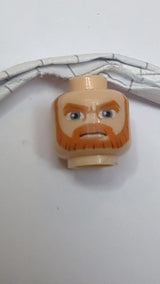 Minifigur, Kopf mit doppelseitigem, dichtem Bart mit Linien, dunkelorangefarbenen Augenbrauen, Schnurrbart, großen blauen Augen, lächelndem/wütendem Gesichtsausdruck hellnougat (fleischfarben)